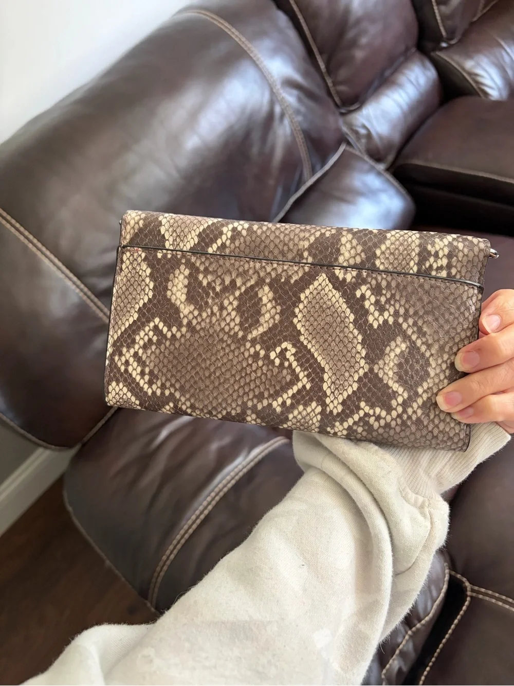 Snake-Print Envelope Clutch in Brown